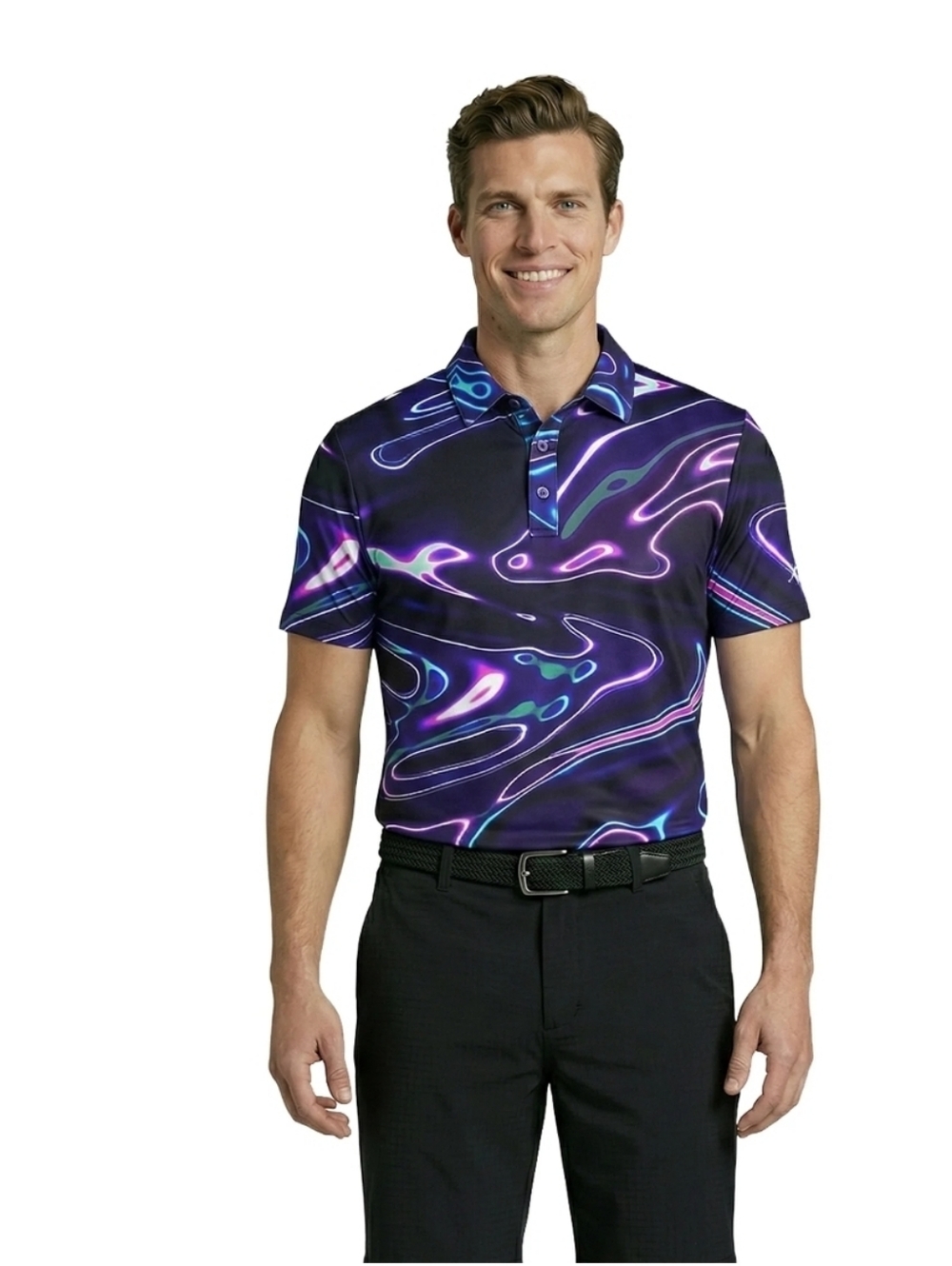 Men's Black Polo Shirt with Blue & Pink Swirl Print.    11